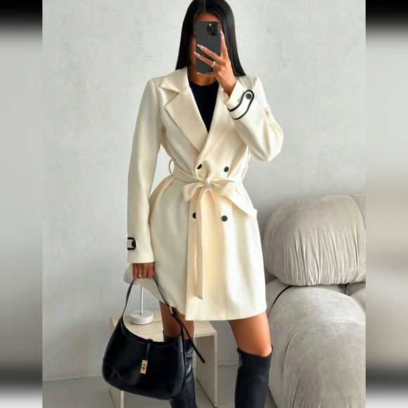 Jackets & Blazers - Women Elegant Minimalist Fashion Color Blocking Trim Belt Double Buc